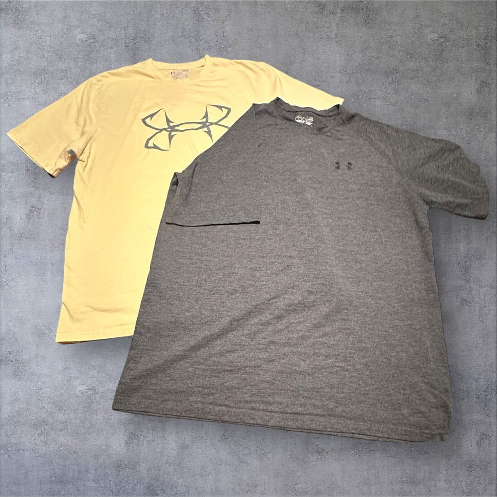 Under Armour Mens Sz‎ LG Lot of 2 HeatGear Short Sleeve T Shirts Yellow Gray